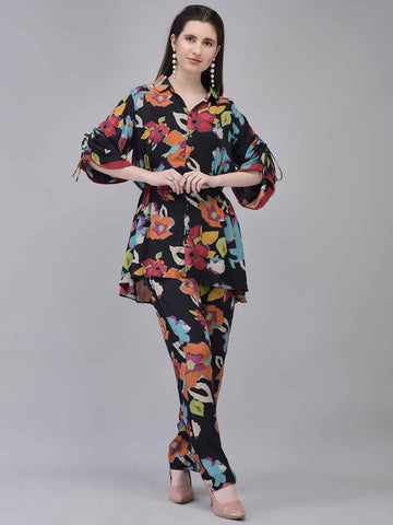 Women's Black Fiona Silk Fabric Floral Printed Co-ord Set