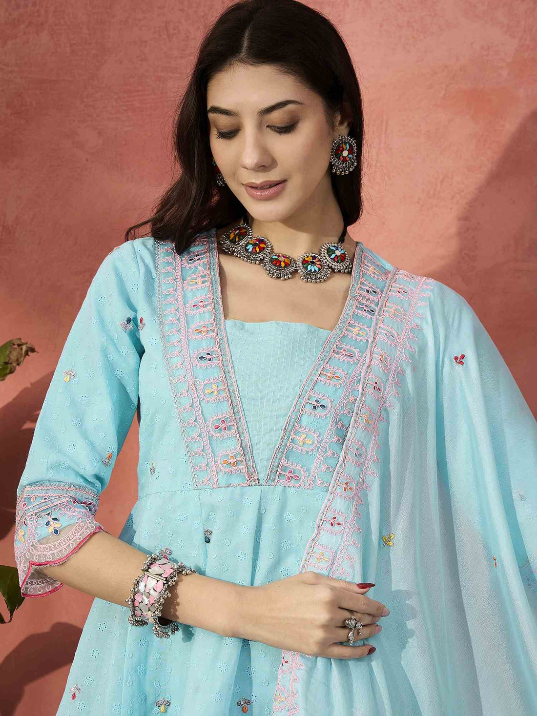 Women's Cotton Pastel Embroidered Suit Set I Ethnic Flared Kurta with Pant & Dupatta