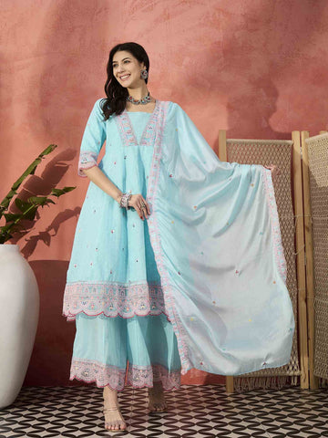 Women's Cotton Pastel Embroidered Suit Set I Ethnic Flared Kurta with Pant & Dupatta