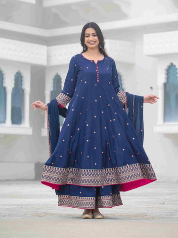 Women's Muslin Embroidered Suit Set I Ethnic Flared Kurta with Palazzo & Dupatta