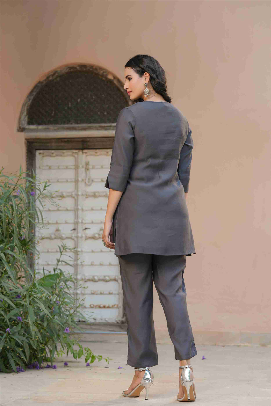 Women's Grey Roman Silk Fabric Embroidered Co-ord Set