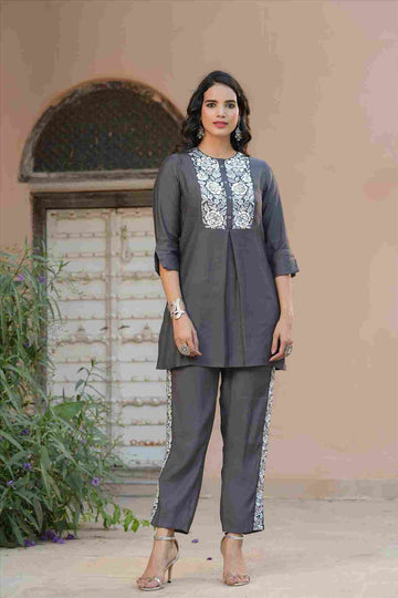 Women's Grey Roman Silk Fabric Embroidered Co-ord Set