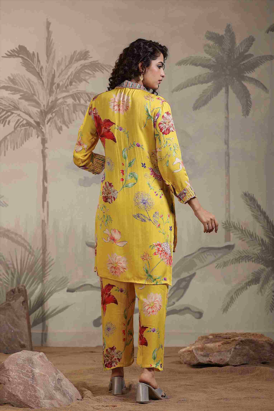 Women's Yellow Satin Fabric Floral and Sequin work Co-ord Set
