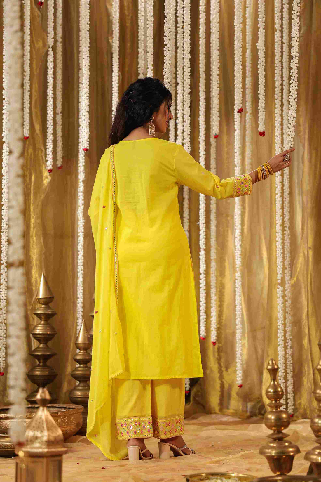 Women's Cambric Yellow Suit Set I Ethnic Mirror Embroidered Kurta with Pant & Dupatta