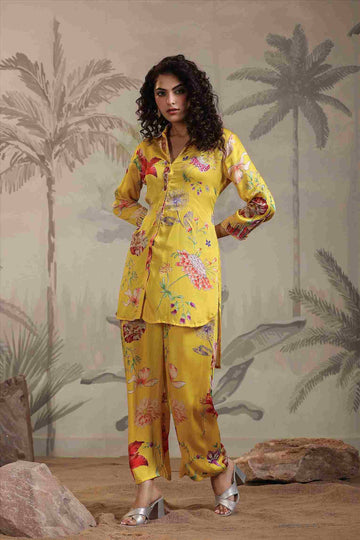 Women's Yellow Satin Fabric Floral and Sequin work Co-ord Set