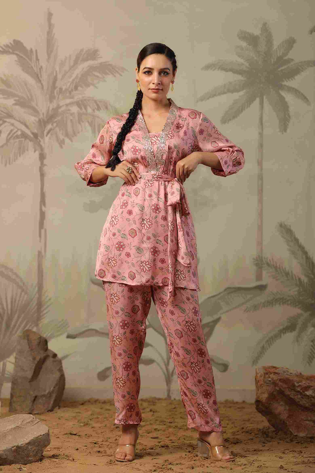 Women's Satin Fabric Co-ord Set with Belt