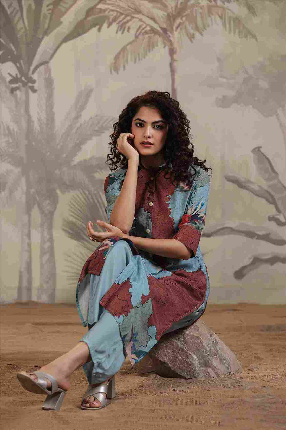 Women's Blue Co-ord Set with Button Down Tunic Shirt and Pants