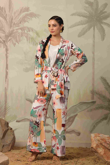 Women's White Floral Printed Three Piece Co-ord Set With Camisole