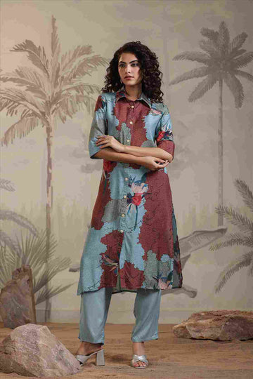 Women's Blue Co-ord Set with Button Down Tunic Shirt and Pants