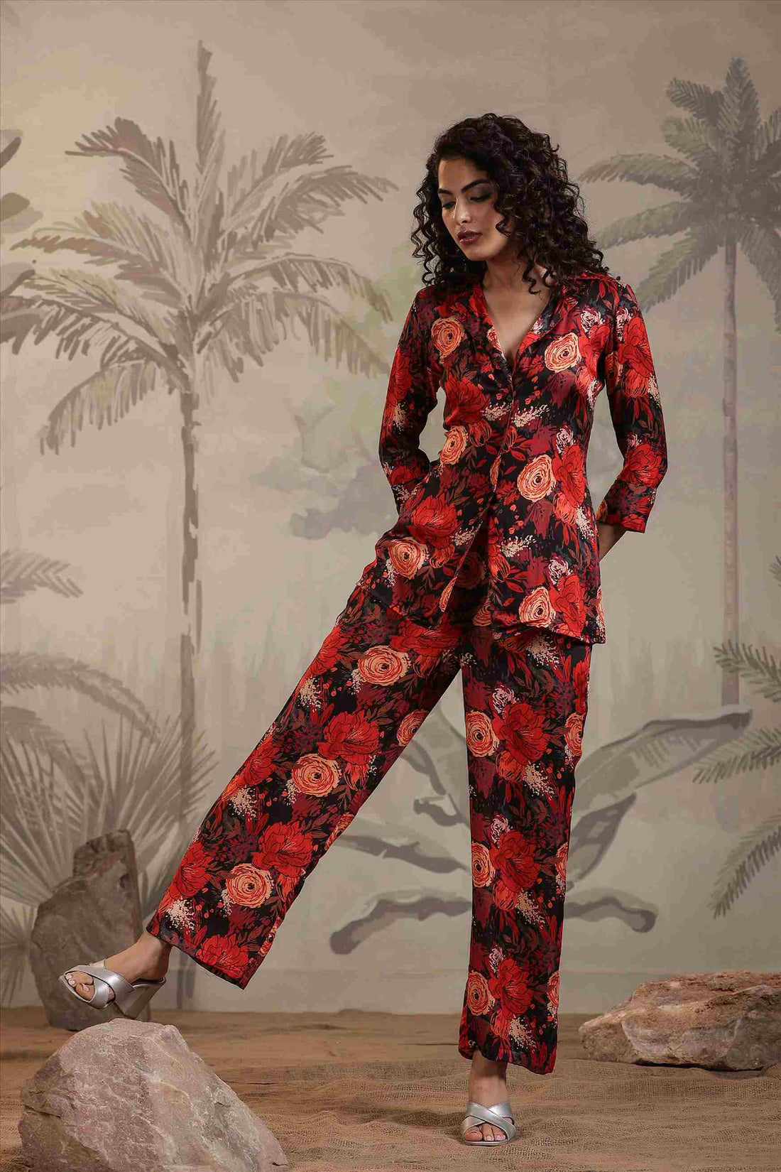 Women's Black Satin Fabric Co-ord Set With Blazer Top and Pants