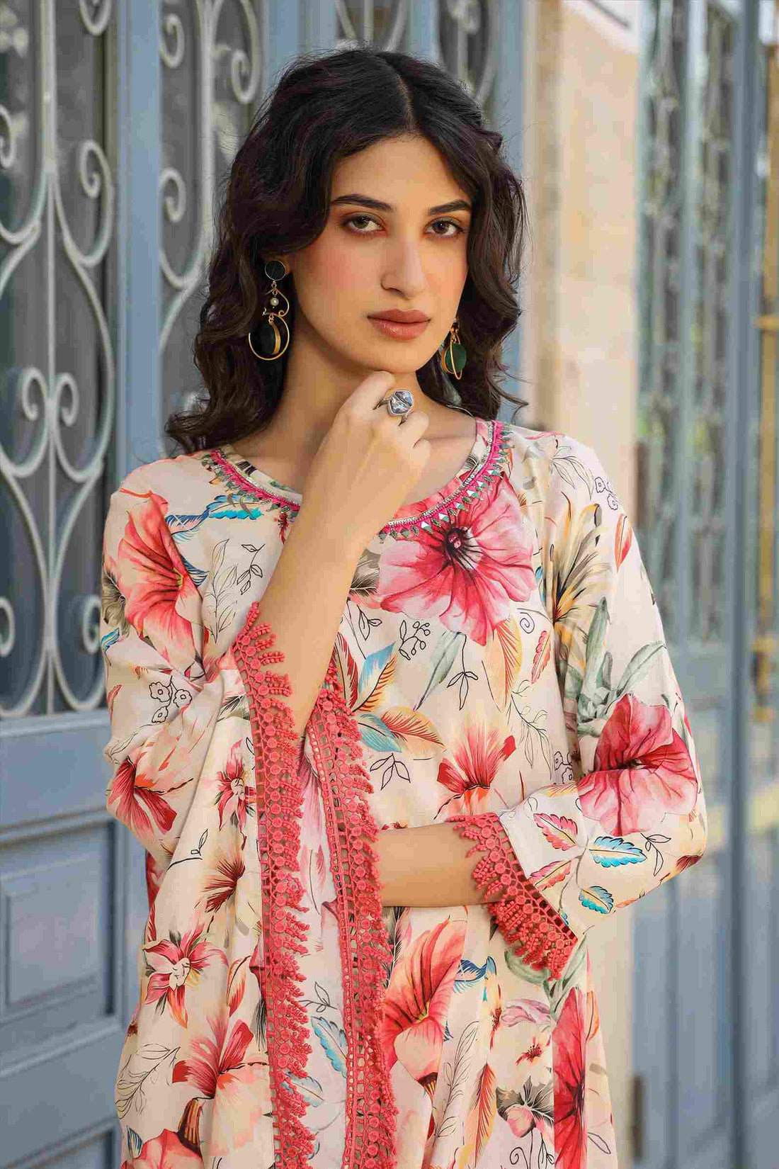 Women's Pink Muslin Silk Printed Poncho with Dhoti pants