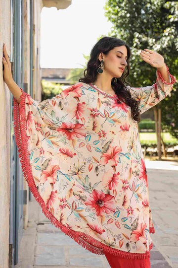 Women's Pink Muslin Silk Printed Poncho with Dhoti pants