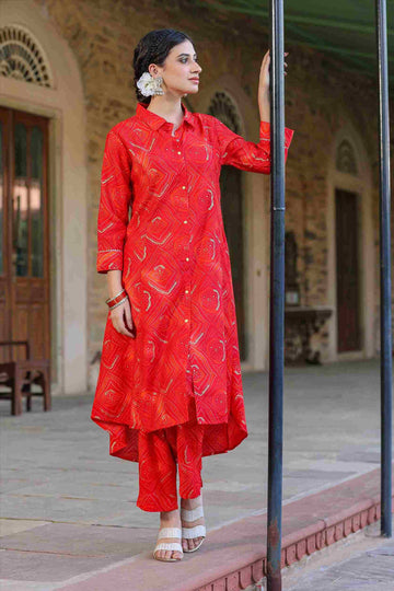 Women's Modal Fabric High-low Tunic Top and Pants with Bandhej Print