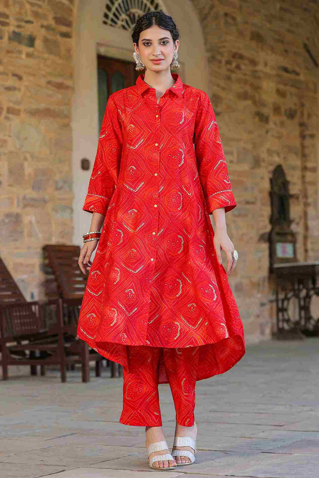 Women's Modal Fabric High-low Tunic Top and Pants with Bandhej Print