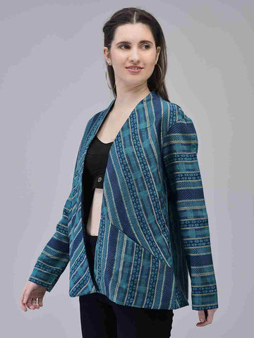 Women's Blue Polysilk Fabric Casual Jacket