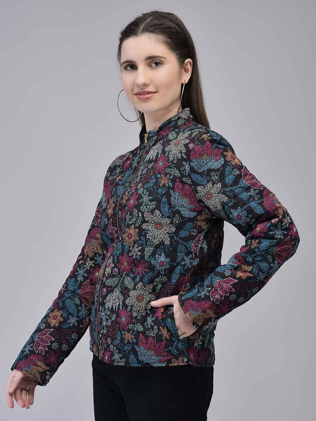 Women's Blue Poly Silk Puffed Printed Jacket