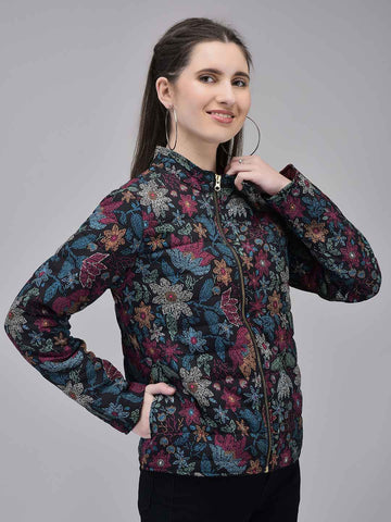 Women's Blue Poly Silk Puffed Printed Jacket