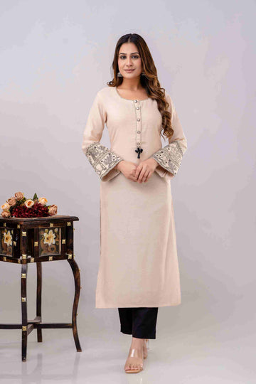Women's Off white Linen Fabric Pakistani Kurta With Pants