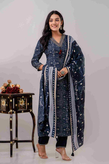 Women's Blue Muslin Fabric Printed Suit Set | Ethnic Straight Kurta with Pants & Printed Dupatta