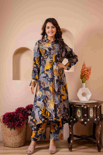 Women's Blue and Yellow Muslin Botanical Printed Co-ord Set