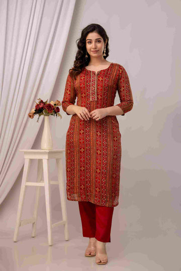 Women's Red Chinon Fabric Ethnic Kurta Set with Sequin Work