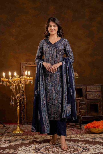 Women's Classic Muslin Fabric Suit Set | Ethnic Wrap Style Straight Fit Kurta with Pants & Dupatta