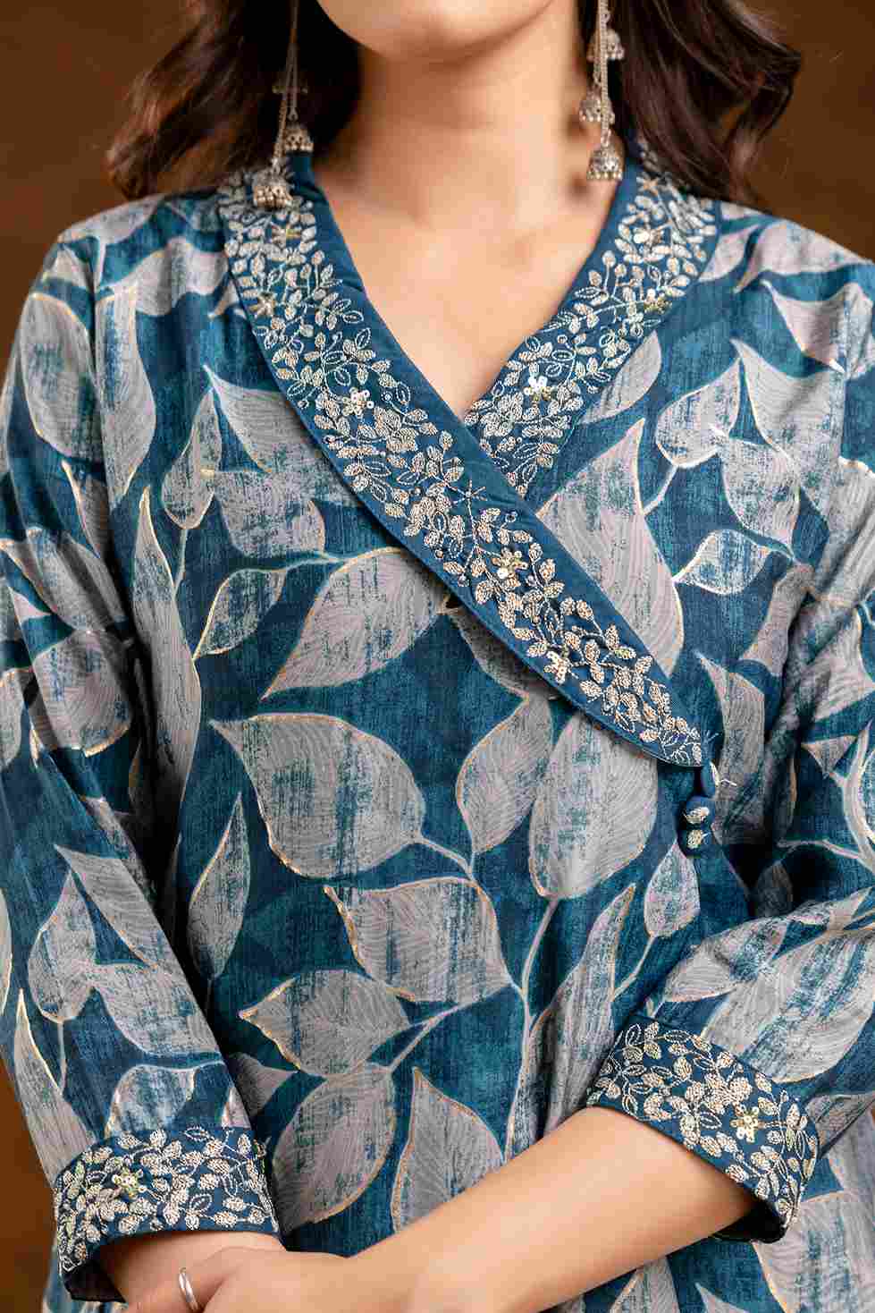 Women's Classic Blue Muslin Fabric Suit Set | Ethnic Wrap Style Straight Fit Kurta with Pants & Dupatta