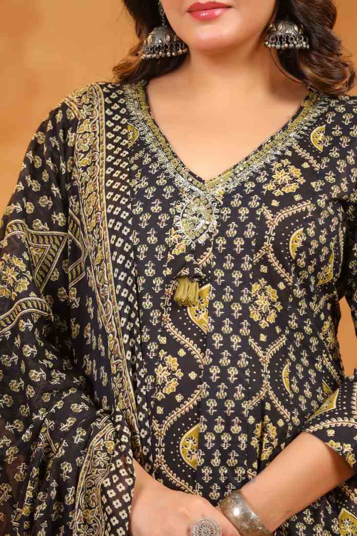 Women's Black Cotton Fabric Suit Set | Ethnic Printed Flared Kurta with Pants & Dupatta