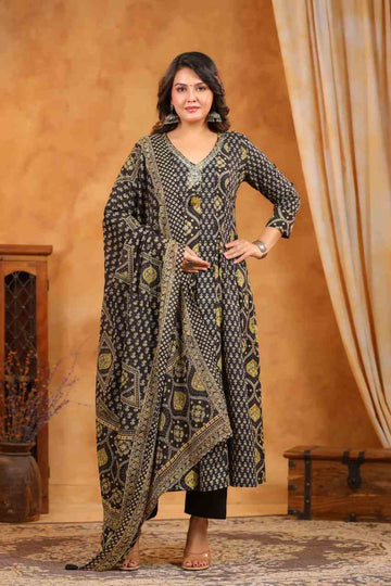 Women's Black Cotton Fabric Suit Set | Ethnic Printed Flared Kurta with Pants & Dupatta