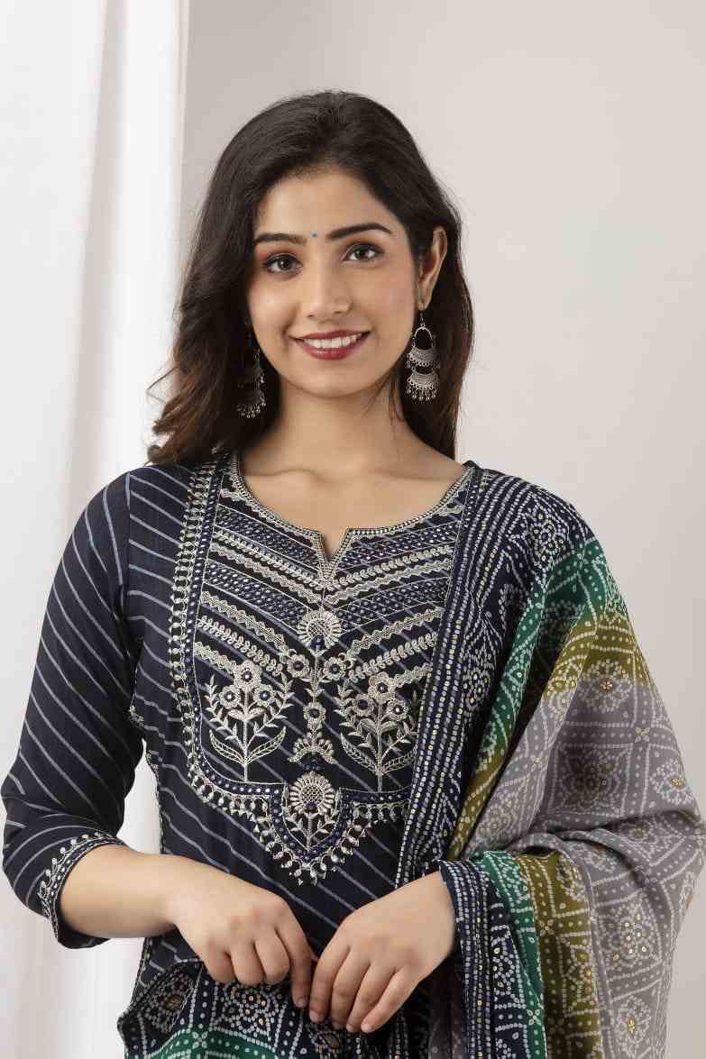 Women's Blue Muslin Fabric Suit Set | Ethnic Printed Straight Kurta with Pants & Dupatta