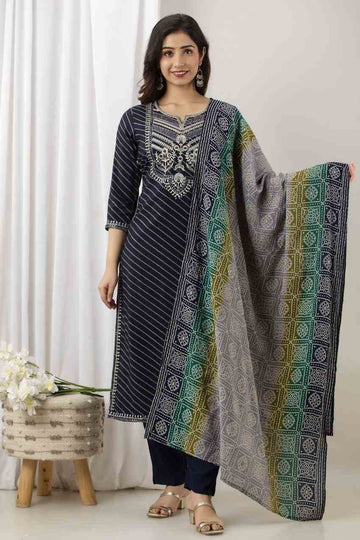 Women's Blue Muslin Fabric Suit Set | Ethnic Printed Straight Kurta with Pants & Dupatta