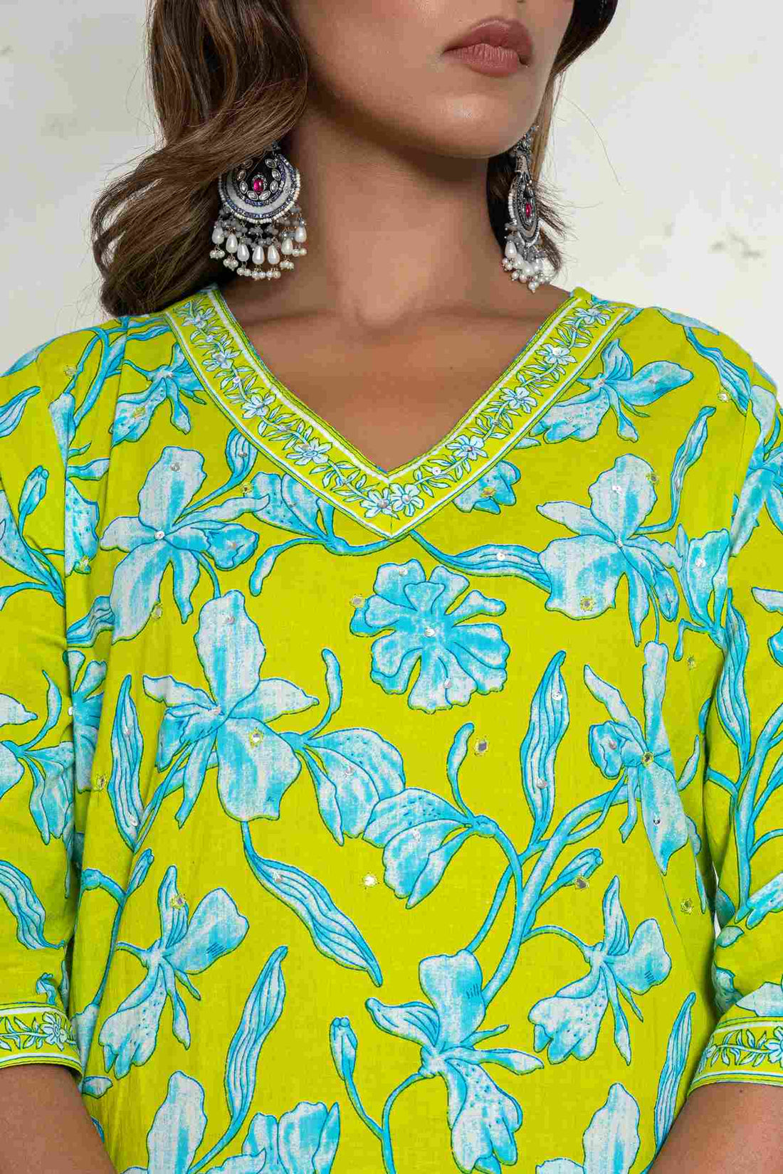 Women's Lime Yellow Cotton Fabric Suit Set | Ethnic Printed Straight Kurta with Pants & Dupatta