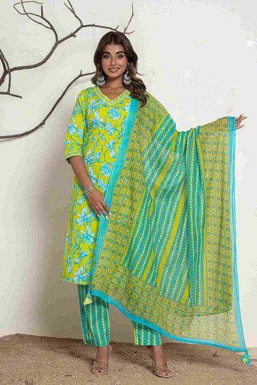 Women's Lime Yellow Cotton Fabric Suit Set | Ethnic Printed Straight Kurta with Pants & Dupatta