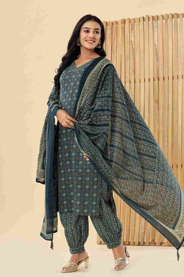 Women's Cotton Fabric Suit Set | Ethnic Printed Straight Kurta with Afghani Pants & Dupatta