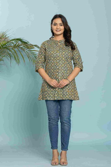 Women's Cotton Olive Green Short Printed Kurta | Ethnic Straight Short Kurta