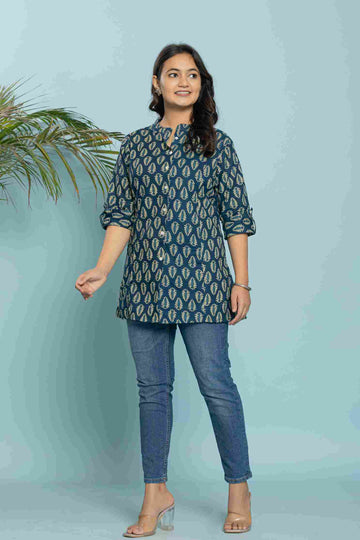 Women's Cotton Blue Short Printed Kurta I Ethnic Straight Short Kurta