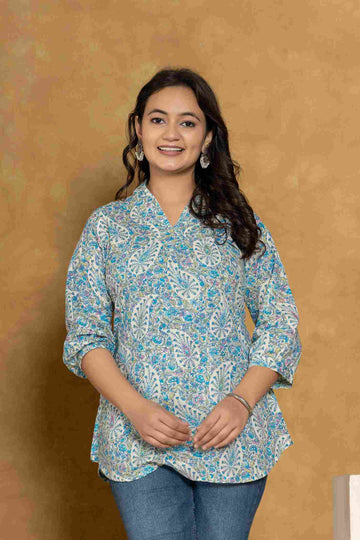 Women's Cotton Sky Blue Short Printed Kurta | Ethnic Short Kurta