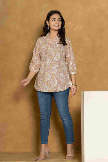 Women's Cotton Pink Short Printed Kurta I Ethnic Short Kurta