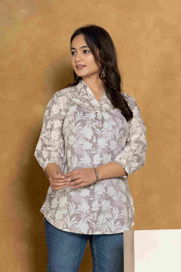 Women's Cotton Grey Short Printed Kurta I Ethnic Short Kurta