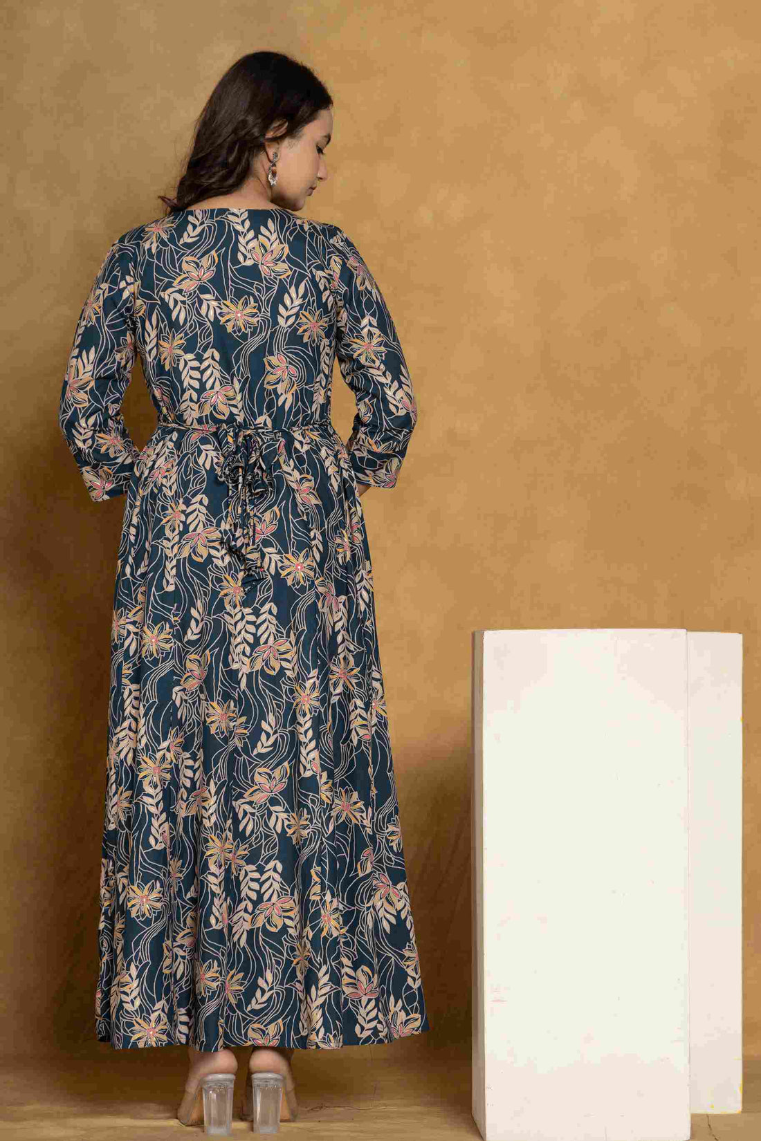 Women's Cotton Blue Printed Floral Dress I Ethnic Dress with Sequin & Thread work