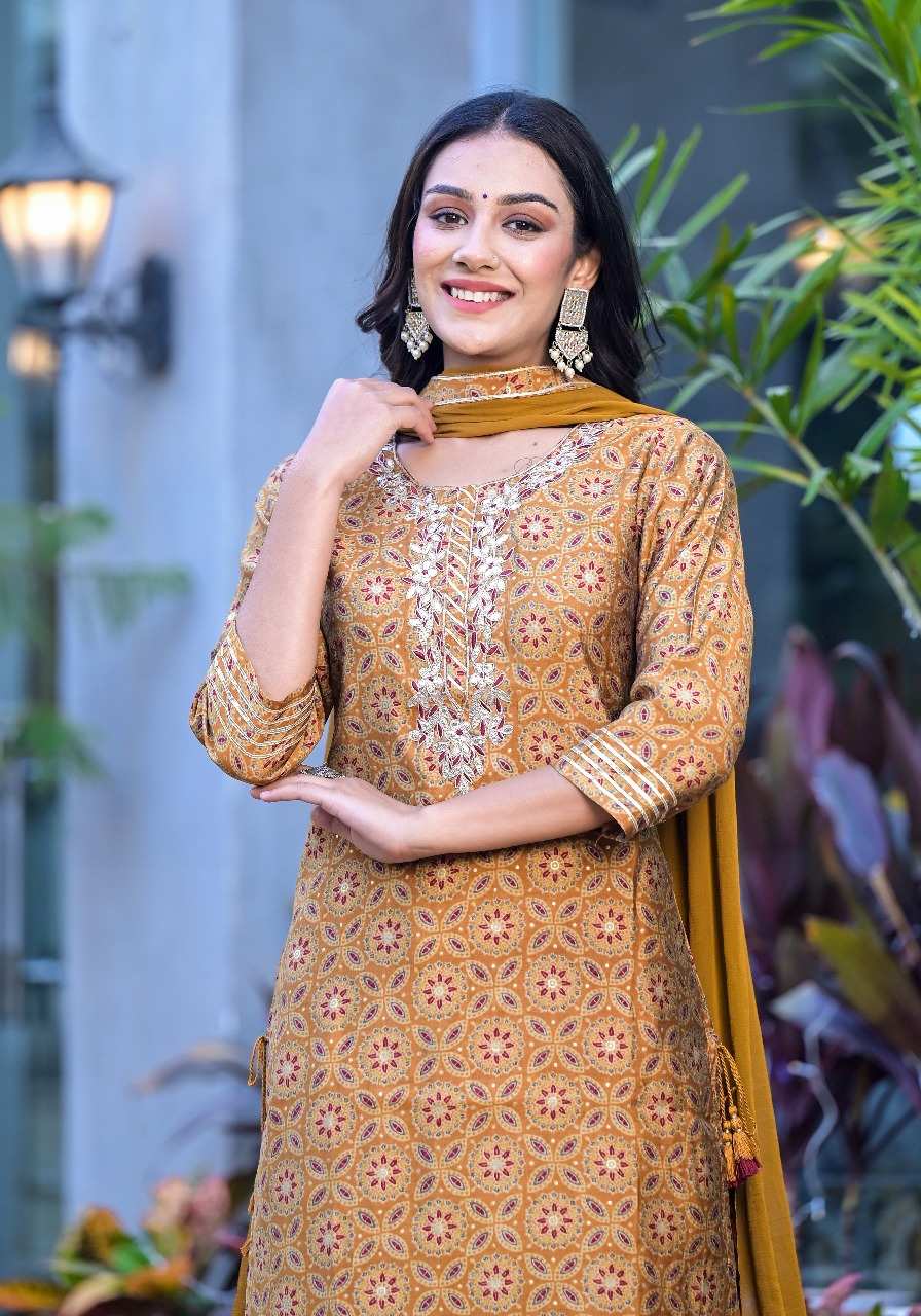 Women's Ethnic Embroidered Mustard Yellow Kurta with Sharara & Dupatta