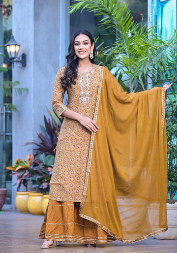 Women's Ethnic Embroidered Mustard Yellow Kurta with Sharara & Dupatta