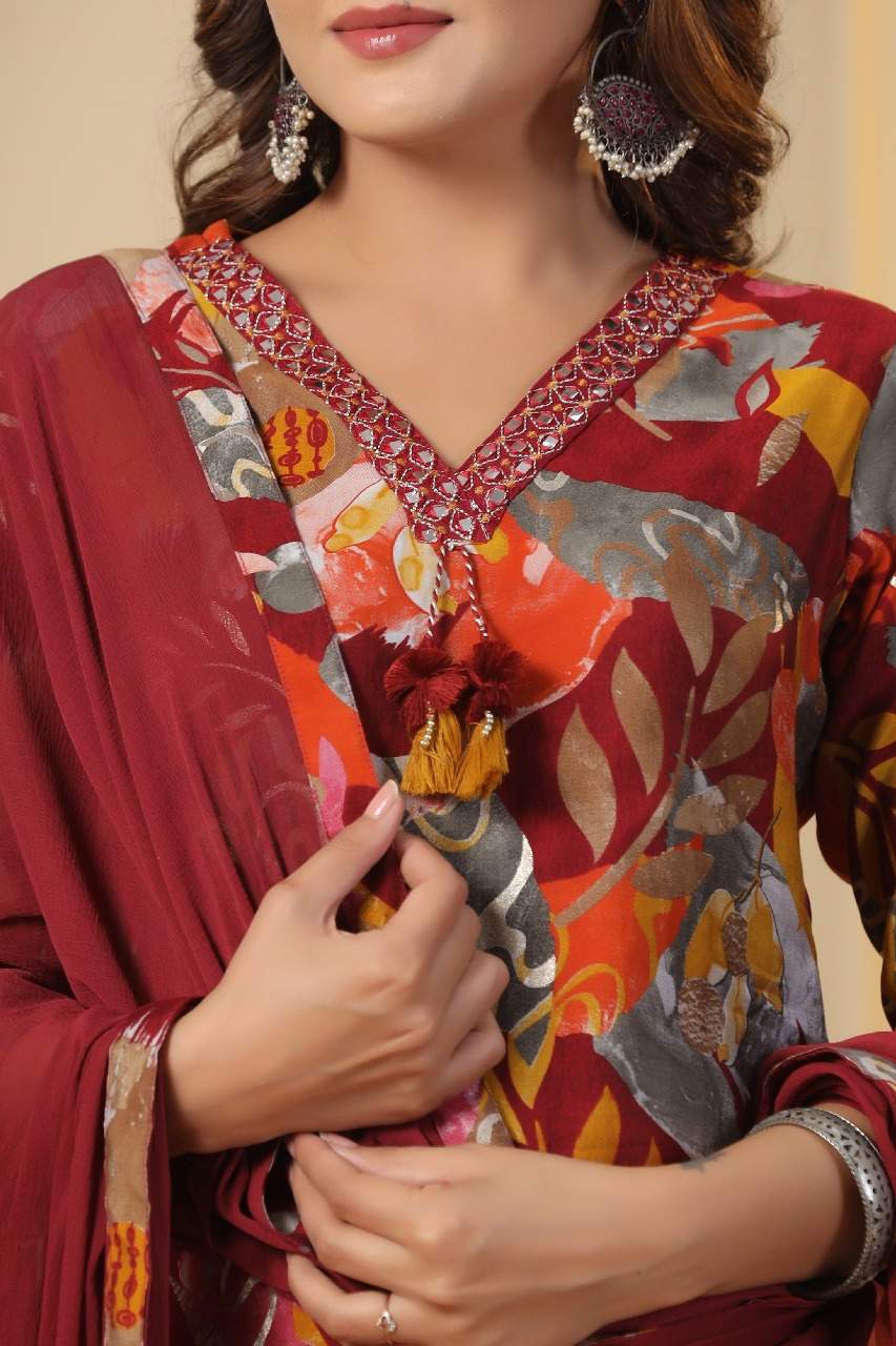 Women's Modal Fabric Maroon Printed Suit Set