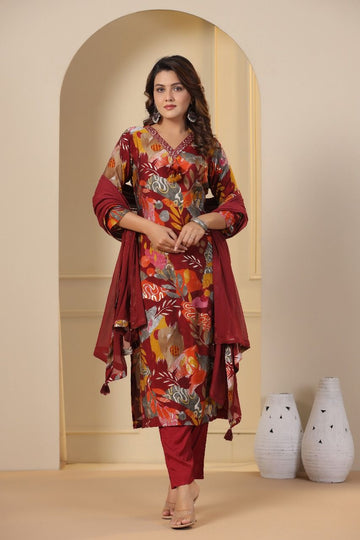 Women's Modal Fabric Maroon Printed Suit Set