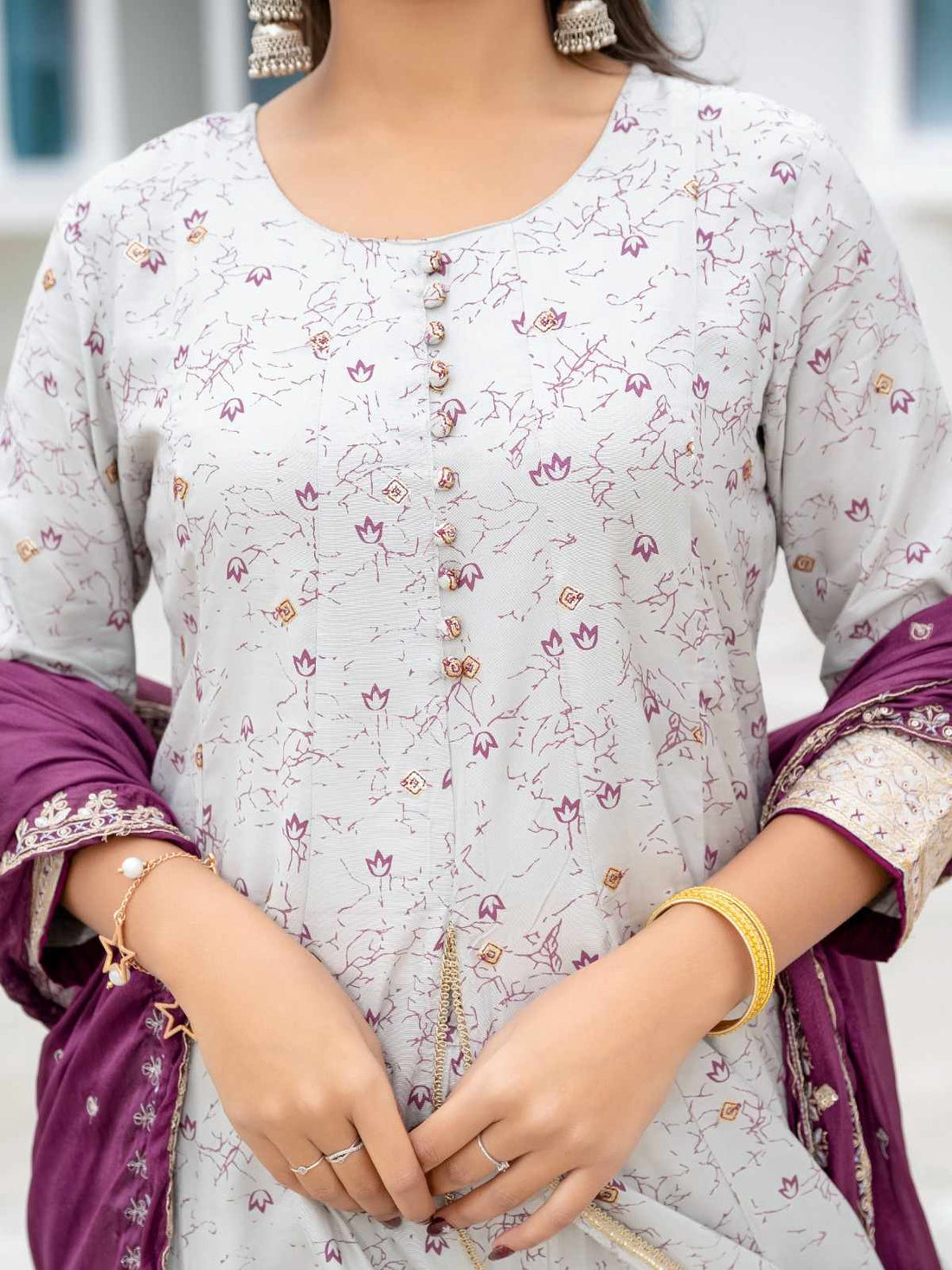 Women's Muslin Printed Suit Set I Ethnic Embroidered Front Split Kurta with Palazzo & Dupatta