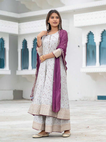 Women's Muslin Printed Suit Set I Ethnic Embroidered Front Split Kurta with Palazzo & Dupatta