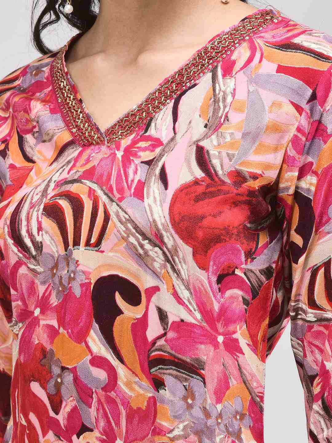 Women's Berry Pink Modal Fabric Ethnic Suit Set | Floral Printed Straight Kurta with Pants & Dupatta