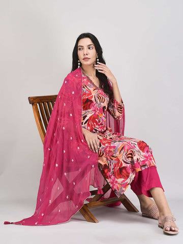 Women's Berry Pink Modal Fabric Ethnic Suit Set | Floral Printed Straight Kurta with Pants & Dupatta