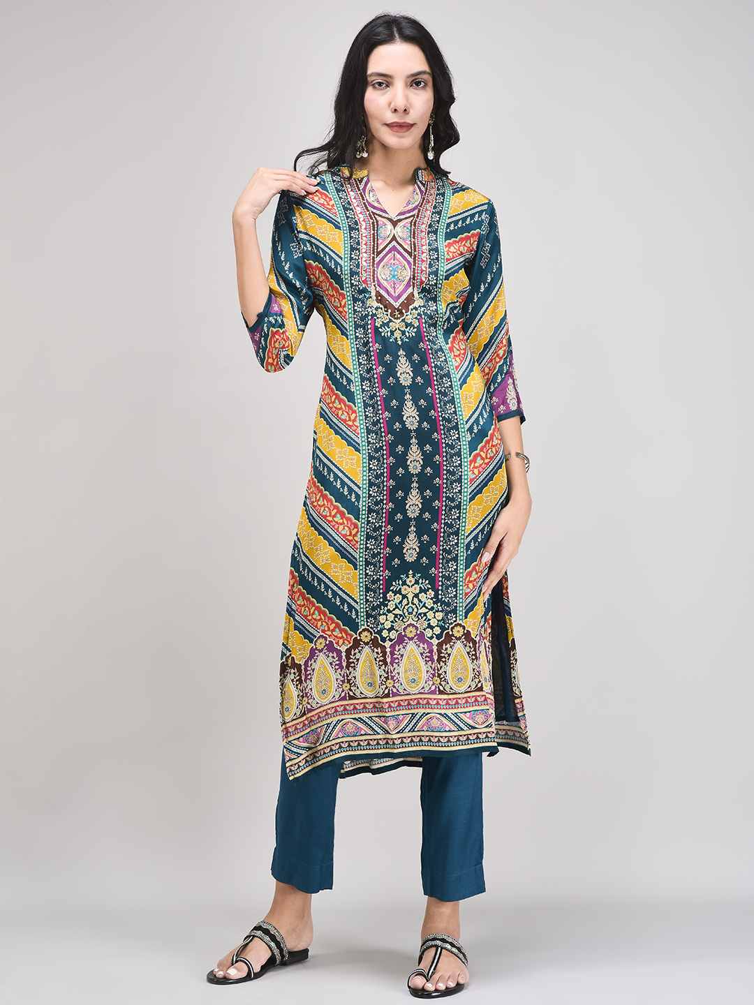 Women's Green Crape Fabric Ethnic Suit Set | Printed Flared Kurta with Pants & Dupatta