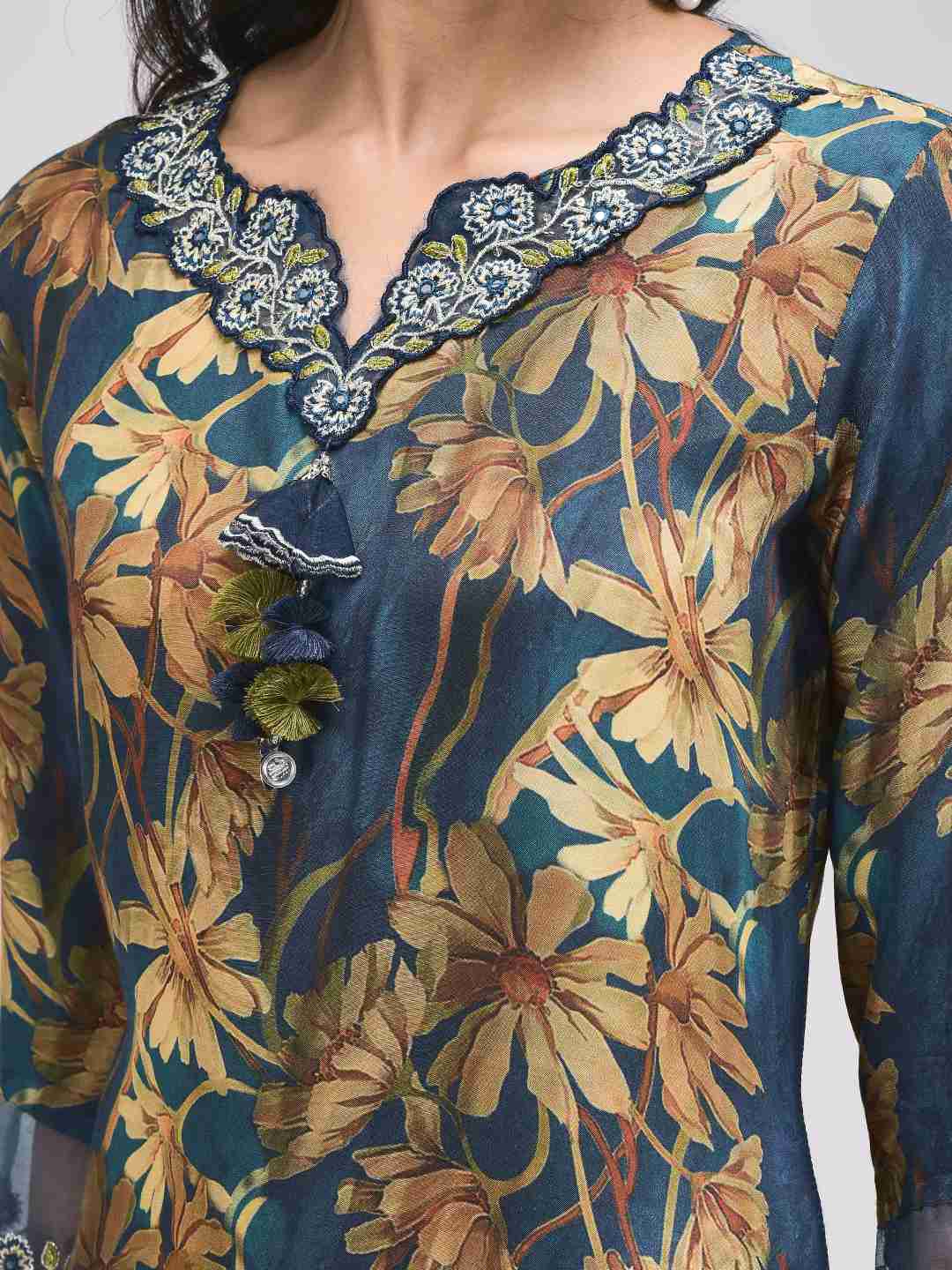 Women's Dark Blue Modal Fabric Ethnic Kurta with Pants